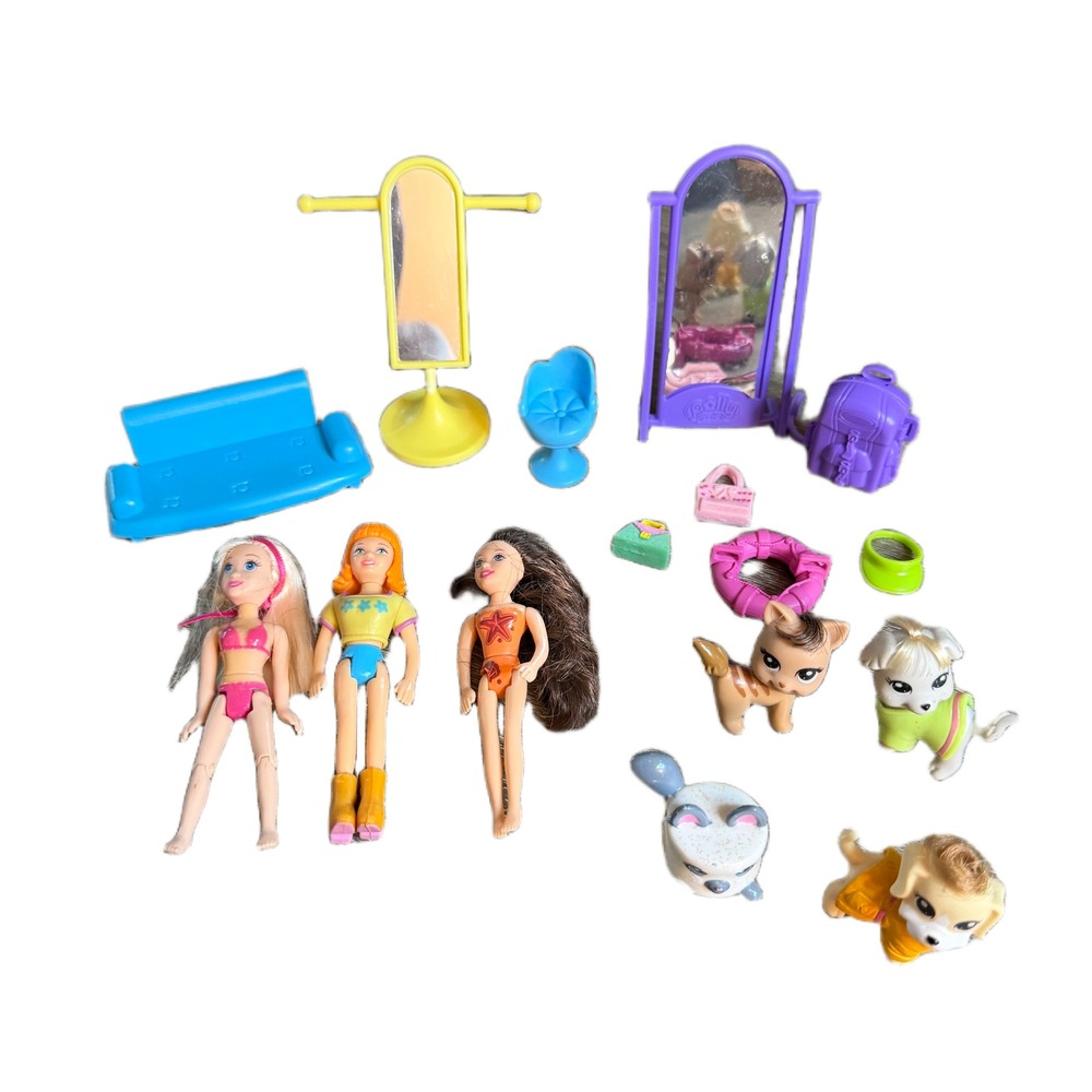 Mattel Polly Pocket Doll Pet and Furniture Lot 16pc Mixed Play Set 2000s